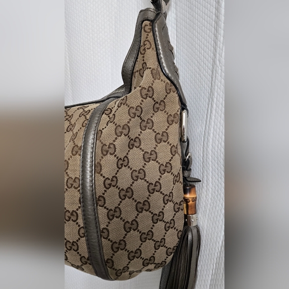 GUC Authentic Gucci GG Beige/ Gray Canvas Techno Horsebit Hobo Handbag - Picture 8 of 16